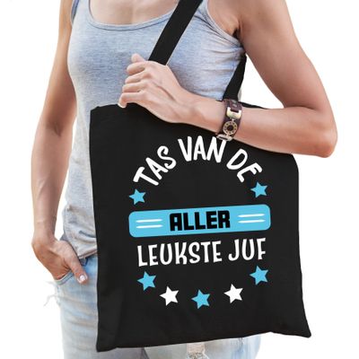 Cadeau tas voor juf - zwart/blauw - katoen - 42 x 38 cm - Tas van de aller leukste juf Cadeau tas voor juf - zwart/blauw - katoen - 42 x 38 cm - Tas van de aller leukste juf