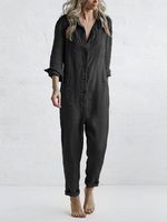 Casual Loose Plain Shawl Collar Shirt Jumpsuit - thumbnail