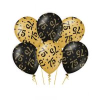 6x stuks leeftijd verjaardag feest ballonnen 75 jaar geworden zwart/goud 30 cm   -