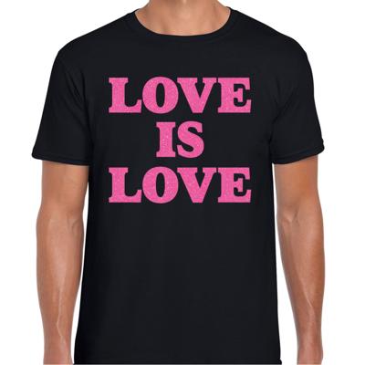 Gay Pride T-shirt heren - love is love - zwart - glitter roze - LHBTI