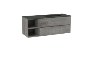 Storke Edge zwevend badmeubel 140 x 52 cm beton donkergrijs met Scuro asymmetrisch rechtse wastafel in kwarts mat zwart