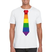 Wit t-shirt met regenboog vlag stropdas heren