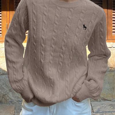 Bon&Bon Women's Navy Blue Polo Collar Cable-Knit Embroidered Sweater Apricot / S