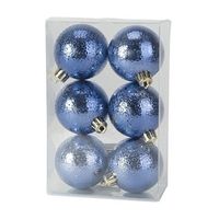 6x Kunststof kerstballen cirkel motief donkerblauw 6 cm kerstboom versiering/decoratie   -