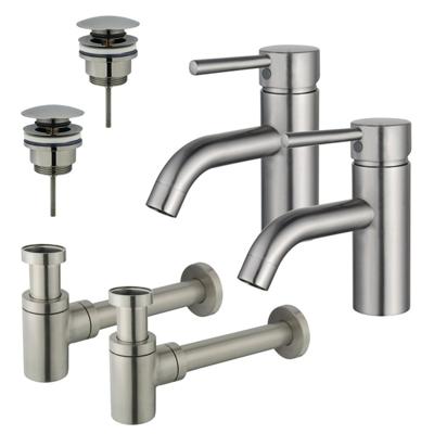 Fortifura Calvi Wastafelkraanset - voor dubbele wastafel - lage wastafelkraan - klikwaste plug - verlaagde design sifon - Geborsteld RVS PVD (RVS) 2x SW377856/2x SW696201/2x SW696217