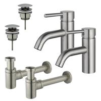 Fortifura Calvi Wastafelkraanset - voor dubbele wastafel - lage wastafelkraan - klikwaste plug - verlaagde design sifon - Geborsteld RVS PVD (RVS) 2x SW377856/2x SW696201/2x SW696217