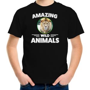 T-shirt leeuwen amazing wild animals / dieren zwart voor kinderen