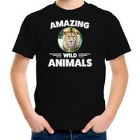 T-shirt leeuwen amazing wild animals / dieren zwart voor kinderen XL (158-164)  - - thumbnail