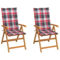 VidaXL Inklapbare stoelen 2 st met rood geruite kussens - thumbnail