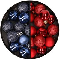 34x stuks kunststof kerstballen donkerblauw en rood 3 cm