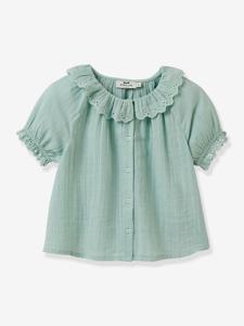 Blouse voor meisjes met Engels borduurwerk in katoenen gaas CYRILLUS blauwgroen