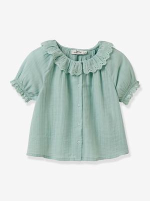 Blouse voor meisjes met Engels borduurwerk in katoenen gaas CYRILLUS blauwgroen
