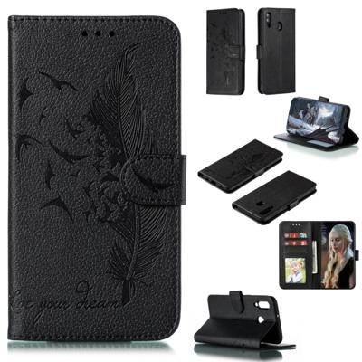 Feather patroon Litchi textuur horizontale Flip lederen draagtas met portemonnee & houder & kaartsleuven voor Galaxy M30 (zwart)
