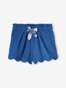 Katoenen meisjesshort van gaas met schubbenprint blauw