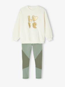 Meisjes sportset sweatshirt met goudmotief + legging saliegroen