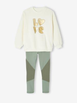 Meisjes sportset sweatshirt met goudmotief + legging saliegroen