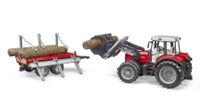 Bruder Massey Ferguson 7480 tractor met voorlader, houttransporter en 3 boomstammen - thumbnail
