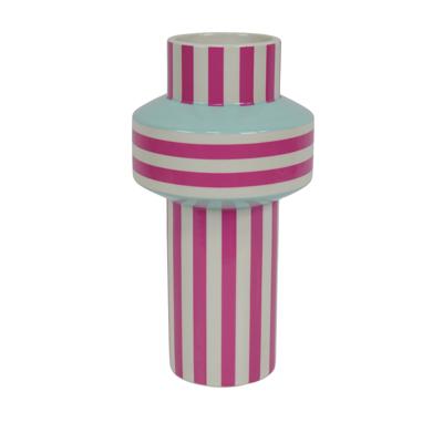 Vaas - Streep - Keramiek - Mintgroen/Neonroze - 13x13x25cm