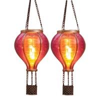Solar luchtballon lantaarn - 2x - roze - hangend - 12 led lampjes - vlam effect - 11 x 36 cm