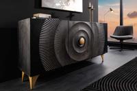 Handgemaakt dressoir GOLDEN SUNSET 140cm zwart met 3D houtsnijwerk goud mango hout metalen poten - 46658
