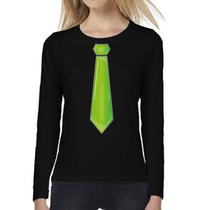 Verkleed shirt voor dames - stropdas groen - zwart - carnaval - foute party - longsleeve