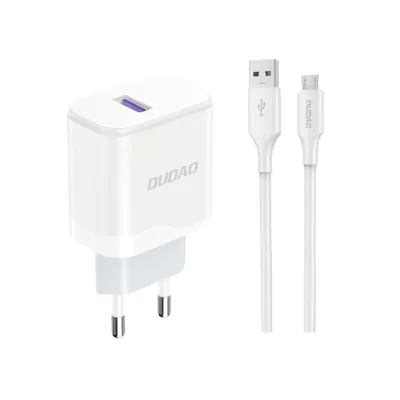Dudao - Stekker met USB aansluiting (5V) - USB naar Micro USB oplader - 2.4A oplaadkabel - Datakabel - 1 Meter - Wit