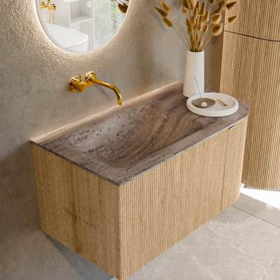 Badmeubel Mondiaz Kurve-Dlux | 85 cm | Meubelkleur Oak | Wastafelkleur Oza | Solid surface | Wasbak linker zijde spoelbak | Zonder kraangat(en)