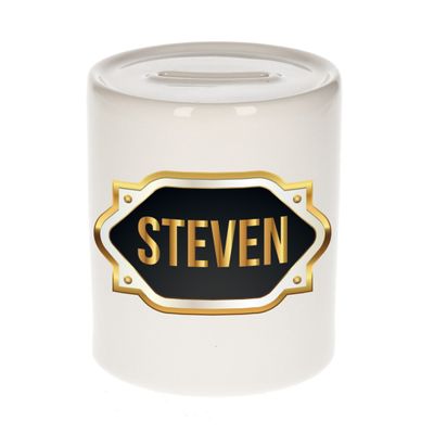 Naam cadeau spaarpot Steven met gouden embleem