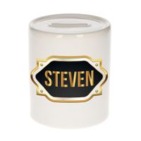 Naam cadeau spaarpot Steven met gouden embleem
