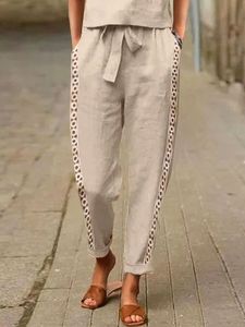 Plain Hollow Out Lace Pockets Lace-up Casual Pants