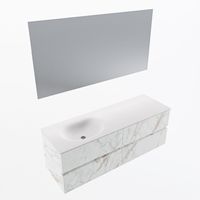 MONDIAZ VICA 140cm badmeubel onderkast Carrara 4 lades. Wastafel Moon links zonder kraangat, kleur Talc met spiegel LED.