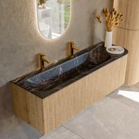 Badmeubel Mondiaz Kurve-Dlux | 145 cm | Meubelkleur Oak | Wastafelkleur Lava | Solid surface | Links spoelbak | 2 kraangaten