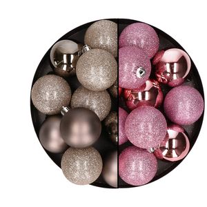 24x stuks kunststof kerstballen mix van champagne en roze 6 cm - Kerstbal