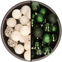 Kerstballen - 74x stuks - wol wit en donkergroen - 6 cm - kunststof - Kerstbal