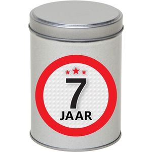 Zilver bewaarblik/opbergblik 13 cm met 7 jaar sticker