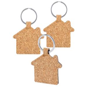 Sleutelhanger met huisje - 3x - kurk/metaal - 5 x 6 cm - eigen huis/nieuw huis   -