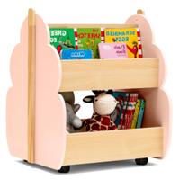 Houten Kinderboekenkast met Universele wielen 2 Niveaus Speelgoedrek Op Wieltjes Roze