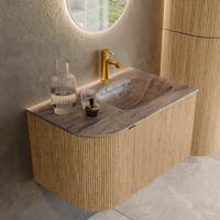 Badmeubel Mondiaz Kurve-Dlux | 75 cm | Meubelkleur Oak | Wastafelkleur Oza | Solid surface | Wasbak rechter zijde spoelbak | 1 kraangat
