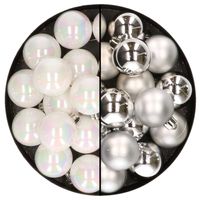 32x stuks kunststof kerstballen mix van parelmoer wit en zilver  4 cm   - - thumbnail