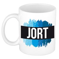 Naam cadeau mok / beker Jort met blauwe verfstrepen 300 ml   -