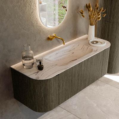 Badmeubel Mondiaz Kurve-Dlux | 130 cm | Meubelkleur Shadow | Wastafelkleur Nata | Solid surface | Wasbak midden spoelbak | Zonder kraangat(en)