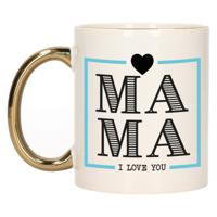 Cadeau koffie/thee mok voor mama - wit/blauw - ik hou van jou - gouden oor - Moederdag   -