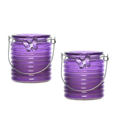 Citronella windlicht met kaars - 2x - paars - 20 branduren - citrusgeur