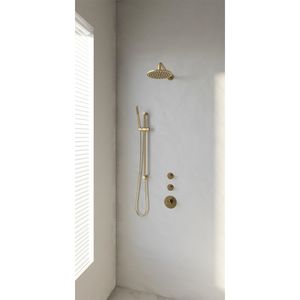 Regendoucheset Inbouw Brauer Gold Edition Thermostatisch 20 cm met Gebogen Wandarm, Glijstang en Handdouche Staaf Losse Stopkranen Geborsteld Goud