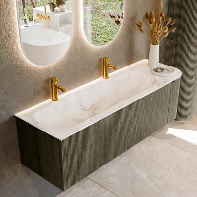 Badmeubel Mondiaz Kurve-Dlux | 145 cm cm | Meubelkleur Shadow | Wastafelkleur Frappe | Solid surface | Wasbak links zijde spoelbak | 2 kraangaten