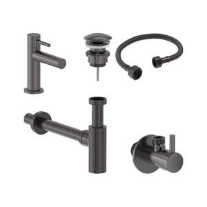 Fonteinkraan Combiset+ MAY Stilo S Model Fonteinkraan, Designplug Always Open, Designsifon & Hoekstopkraan Geborsteld Carbon Black PVD