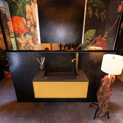 Badkamermeubelset Mondiaz Erin 80 cm met 1 Lade met RIDGE Wastafel Midden Urban met 1 kraangat Greeploos Mat Ocher