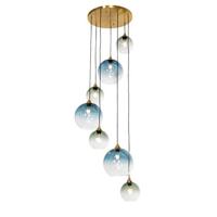 QAZQA Art Deco Hanglamp messing met blauw glas rond 7-lichts - Sandra