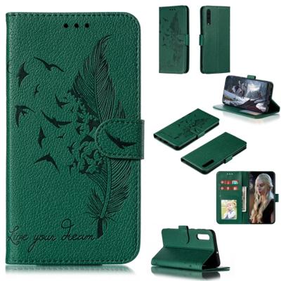 Feather patroon Litchi textuur horizontale Flip lederen draagtas met portemonnee & houder & kaartsleuven voor Galaxy A50 (groen)