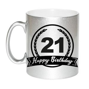 Happy Birthday 21 years met wimpel cadeau koffiemok / theebeker zilver 330 ml   -
